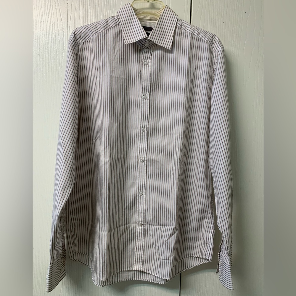Jules Fitted Dress Shirt White with Brown and Tan Stripes Size 15 (Medium)